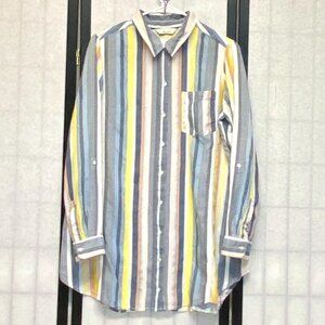 Café Marrakesh Stripe Tunic Shirt M Relaxed Roll Sleeve Button-Up Collared Top